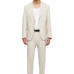 "Drykorn herenpak beige linnen vooraanzicht – model met colbert en pantalon"