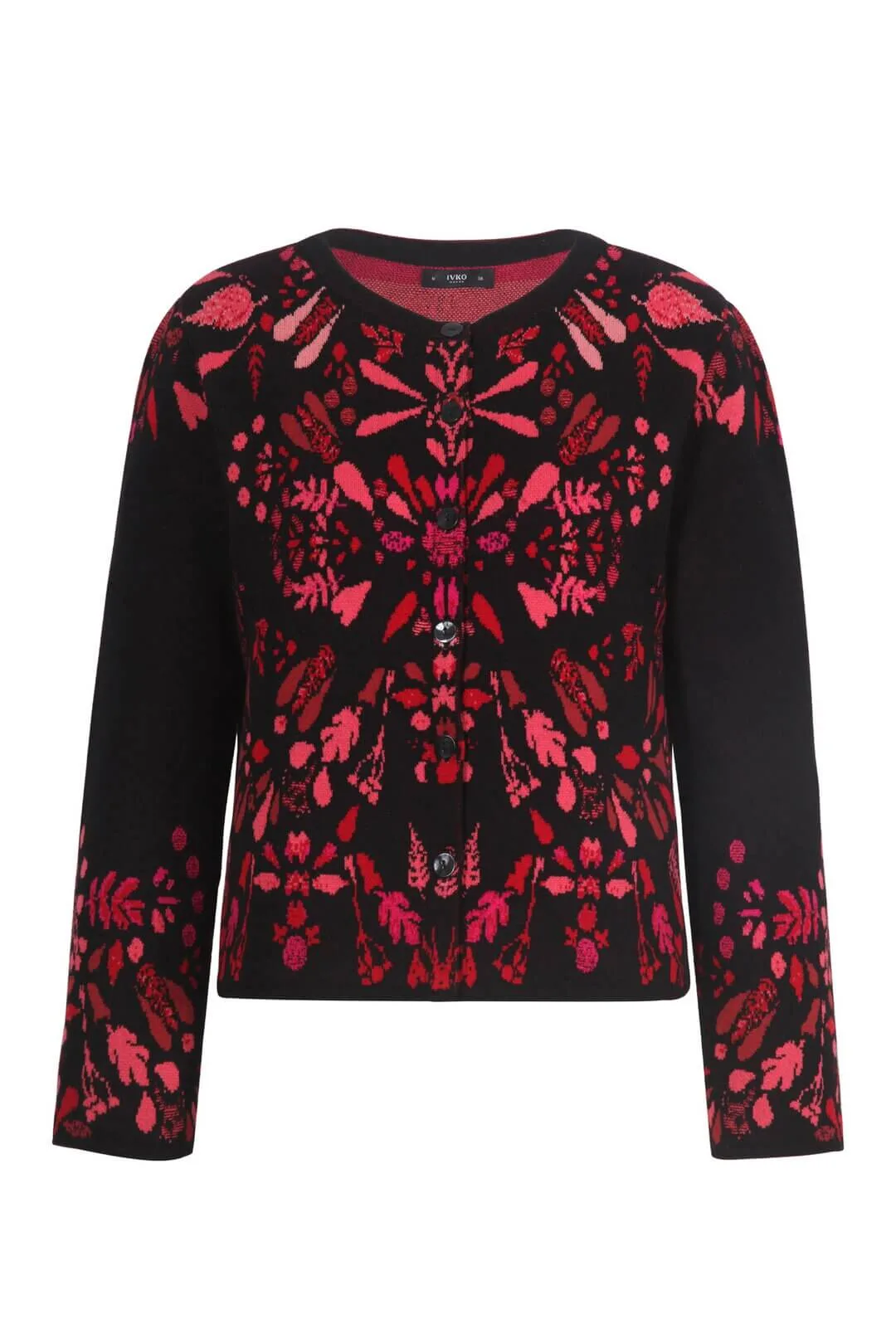 Product los gefotografeerd: Ivko cardigan Plantopia rood zwart – los productfoto voorkant