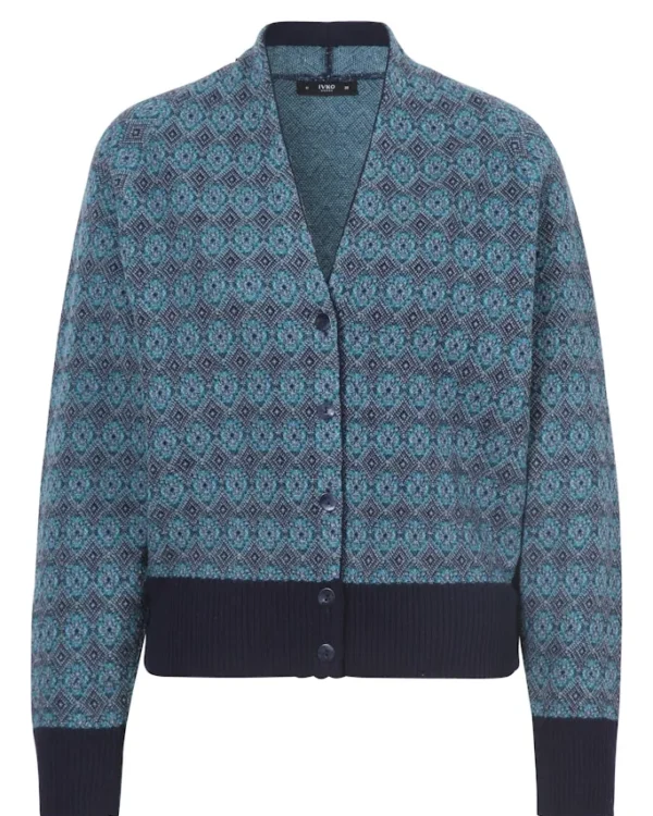IVKO cardigan blauw geometrisch patroon – gebreid wollen vest met V-hals en knoopsluiting, Sjosz Mode Zutphen