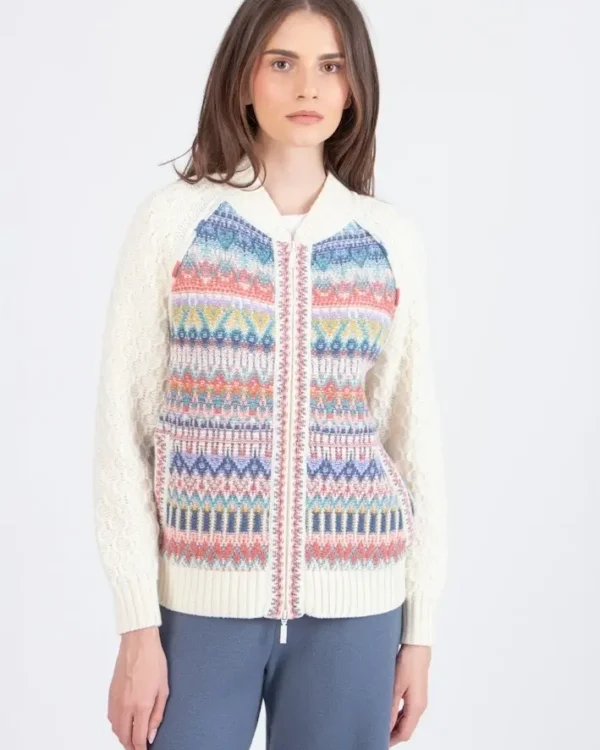 Ivko bombervest met kleurrijk patroon en ivoorkleurige mouwen – Sjosz Mode Zutphen