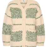 Inti cardigan beige met groene gebreide blokken
