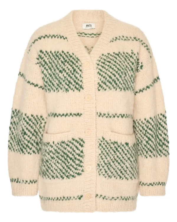 Inti cardigan beige met groene gebreide blokken