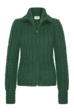 Groen handgebreid Inti vest van baby-alpacawol met rits en kraag, duurzaam gemaakt in Ecuador.