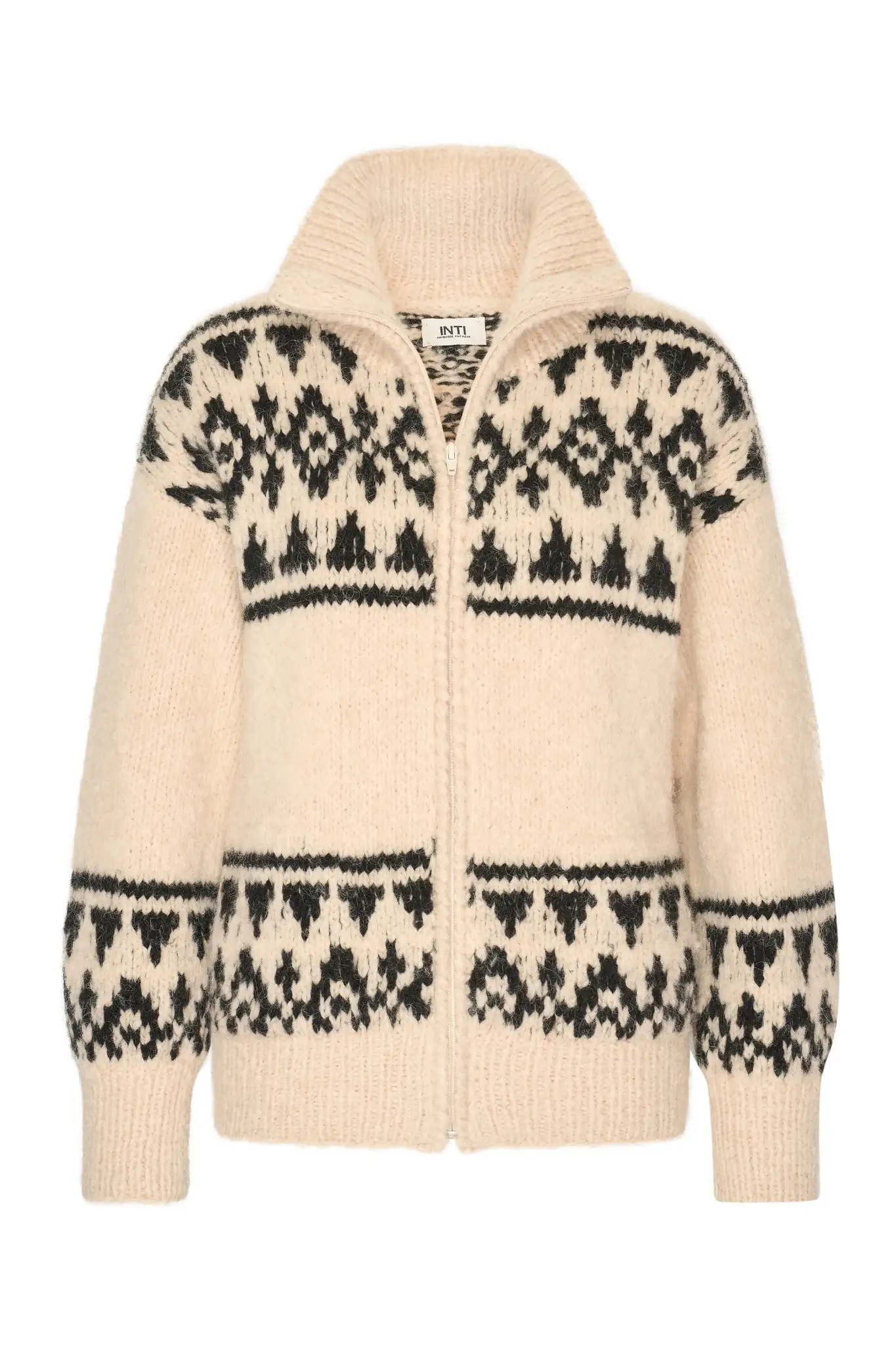 inti_cardigan_black beige "Inti cardigan beige met zwart handgebreid baby alpacawol"