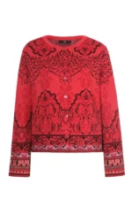 Product foto IVKO cardigan rood met zwarte details – korte jacquard cardigan met ornamentdessin, Sjosz Mode Zutphen