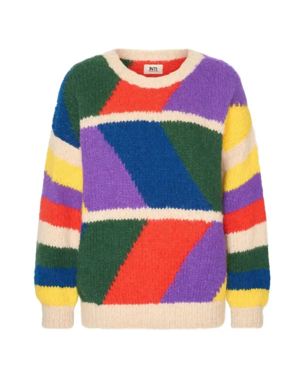 Inti trui van baby-alpacawol met kleurrijk geometrisch patroon, handgemaakt in Ecuador.