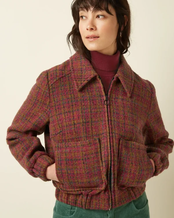 King Louie Isla Jacket – kort wollen jasje met ruitpatroon in roze, groen en fuchsia, Sjosz Mode Zutphen