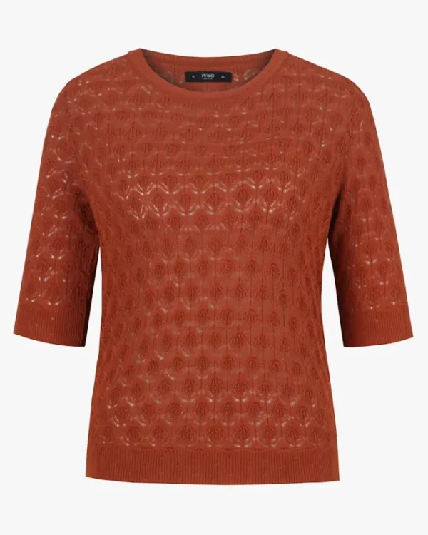 Ivko dames pullover met structuurpatroon in warm roestbruin, korte mouw