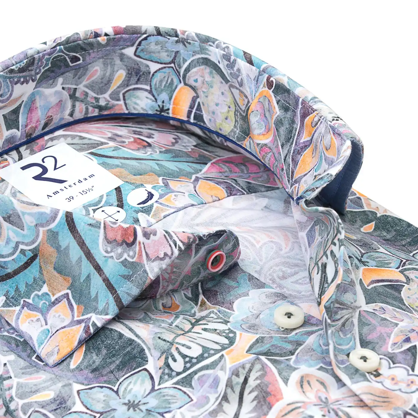 R2 overhemd bloemenmotief 100% katoen modern fit – detail kraag en print
