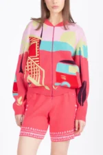 Ivko jacquard bomber jacket roze met zomerse grafische jacquard print detail