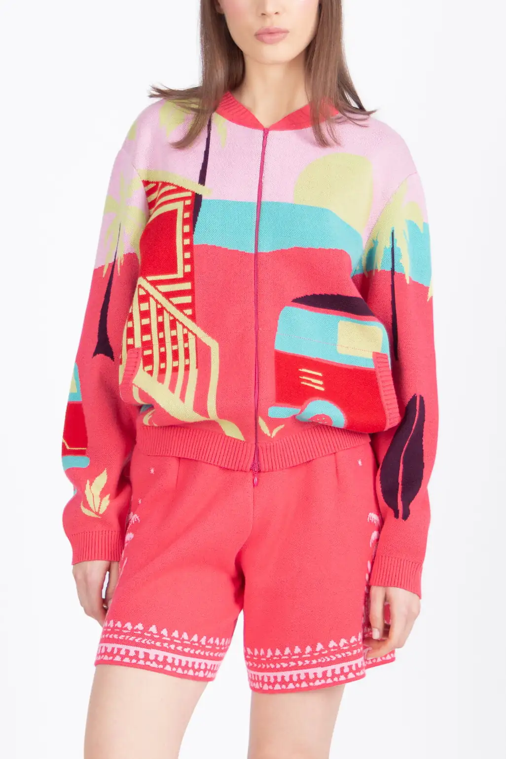 ivko-jacquard-bomber-jacket-detail Ivko jacquard bomber jacket roze met zomerse grafische jacquard print detail