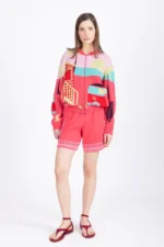 Ivko jacquard bomber jacket roze met kleurrijke grafische print dames voorkant