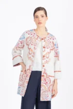 Ivko lang jacquard vest met ornament print ecru dames voorkant