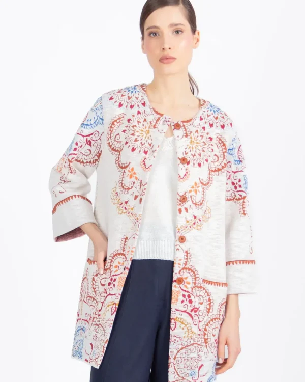 Ivko lang jacquard vest met ornament print ecru dames voorkant