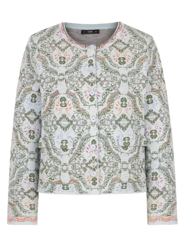 Ivko jacket Ornament in wit met groene print, gebreid vest met knopen