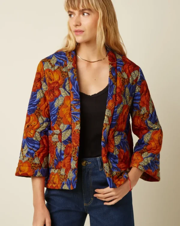 King Louie Noor jacket met kleurrijke bloemenprint, korte damesjas met open voorkant