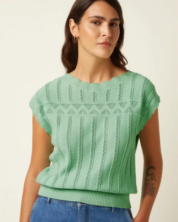 King Louie Liora top ajour gebreide top mintgroen – model voorkant