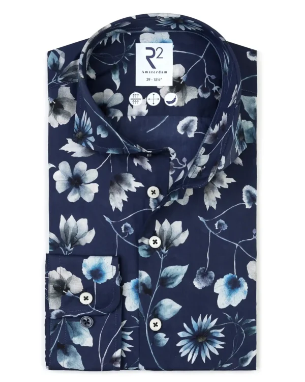 R2 overhemd bloemenprint donkerblauw modern fit voorkant