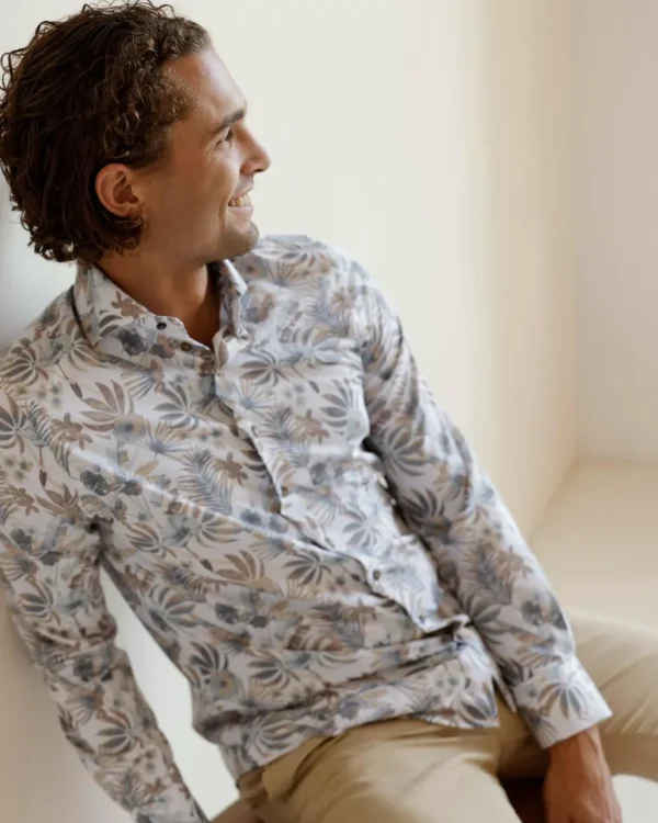 R2 Amsterdam overhemd beige tropische bladeren print heren