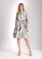 Fox’s jurk Dexxy met kleurrijke print, 3/4 mouwen, ronde hals en strikriem