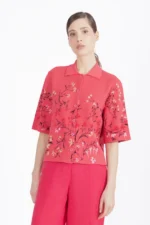 Ivko jacket floral pattern roze met korte mouw en bloemenprint voorkant