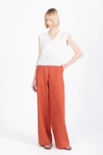 Ivko linnen broek terracotta wijde pijpen dames model