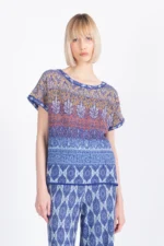 Ivko jacquard pullover navy met mediterranean patroon korte mouw voorkant