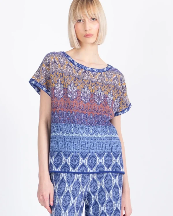 Ivko jacquard pullover navy met mediterranean patroon korte mouw voorkant