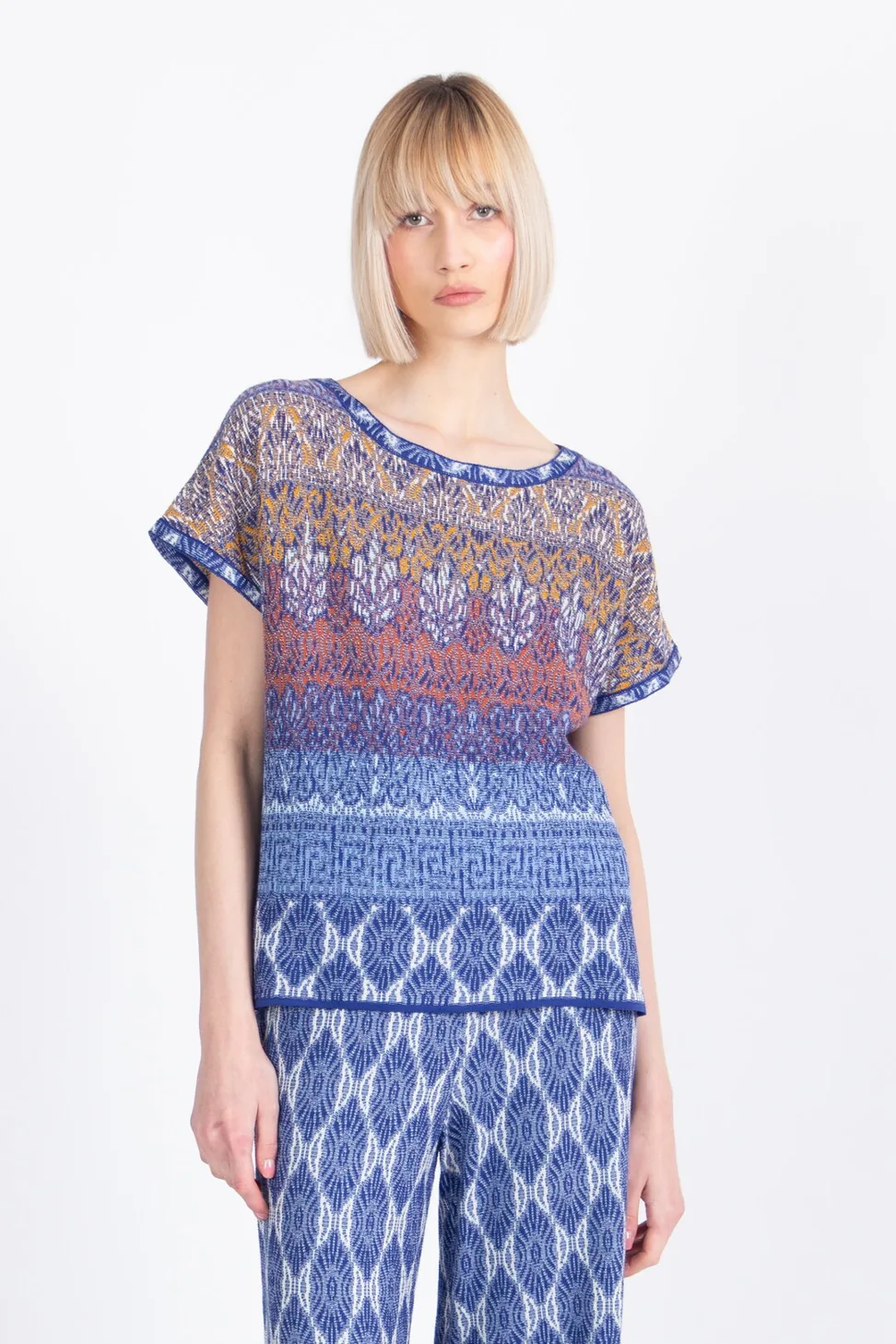 ivko-pullover-pattern-navy-front Ivko jacquard pullover navy met mediterranean patroon korte mouw voorkant
