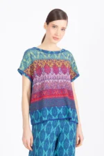 Ivko jacquard pullover inktblauwe multicolor met mediterranean patroon voorkant