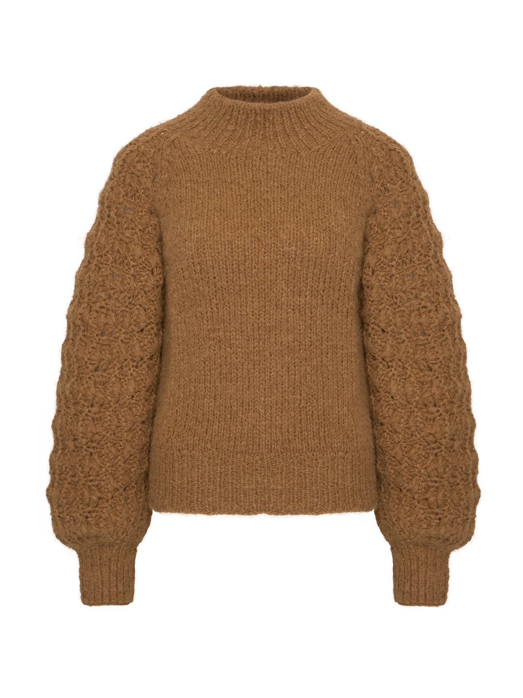 0052_INTI-24 Inti Knitwear coltrui Glenda camelbruin met opengewerkt breipatroon op de mouwen
