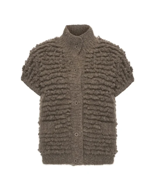 Taupebruine Inti Knitwear cardigan Flavia van baby alpacawol met korte mouwen, knopen en lusstructuur.