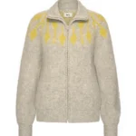 Inti Knitwear vest Cleo lichtgrijs met geel dessin, ritssluiting en opstaande kraag