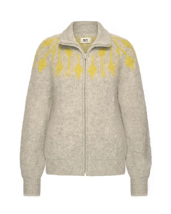 Inti Knitwear vest Cleo lichtgrijs met geel dessin, ritssluiting en opstaande kraag